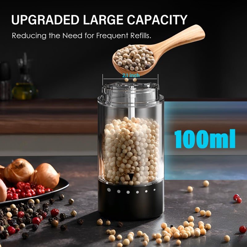 GEMII Electric Salt and Pepper Grinder Set, Automatic Salt and Pepper shakers with Upgraded 6-Level External Adjustable Coarseness, Battery Operated, Larger Capacity with Led for Home Kitchen (Black/Black) - Image 4
