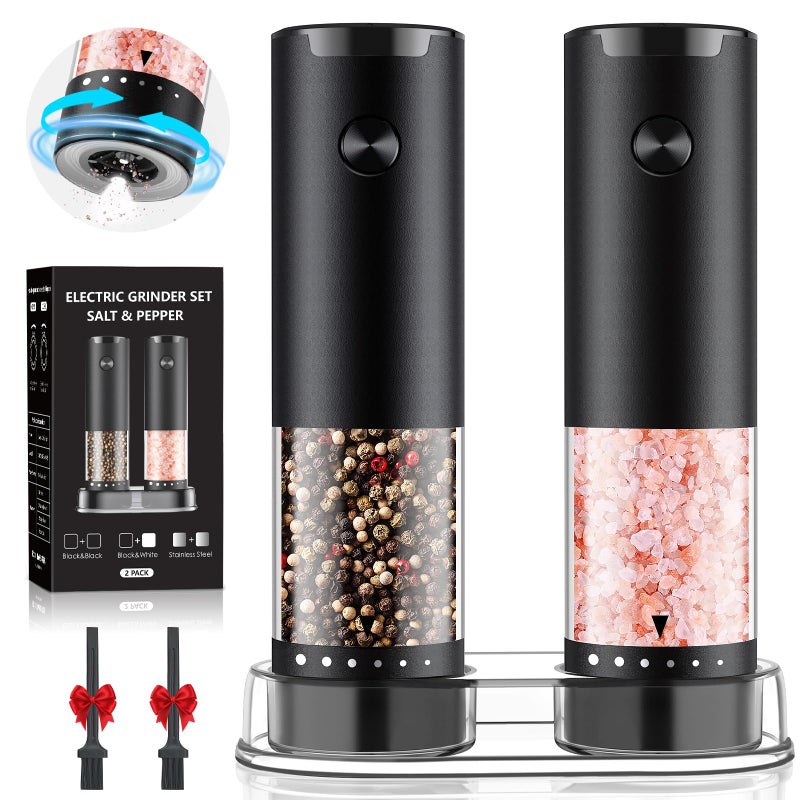 GEMII Electric Salt and Pepper Grinder Set, Automatic Salt and Pepper shakers with Upgraded 6-Level External Adjustable Coarseness, Battery Operated, Larger Capacity with Led for Home Kitchen (Black/Black) - Image 1