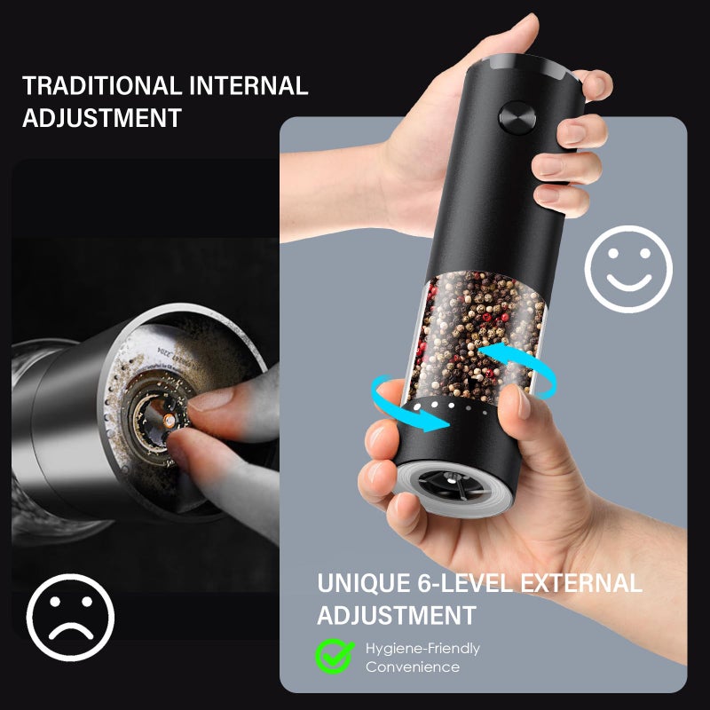 GEMII Electric Salt and Pepper Grinder Set, Automatic Salt and Pepper shakers with Upgraded 6-Level External Adjustable Coarseness, Battery Operated, Larger Capacity with Led for Home Kitchen (Black/Black) - Image 3