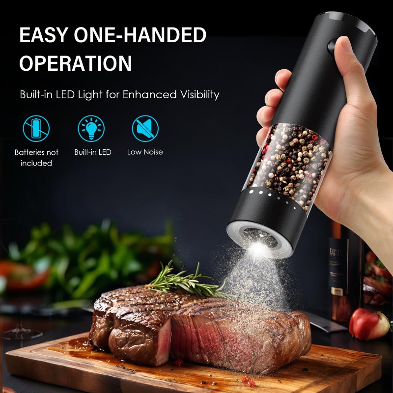 GEMII Electric Salt and Pepper Grinder Set, Automatic Salt and Pepper shakers with Upgraded 6-Level External Adjustable Coarseness, Battery Operated, Larger Capacity with Led for Home Kitchen (Black/Black) - Image 2