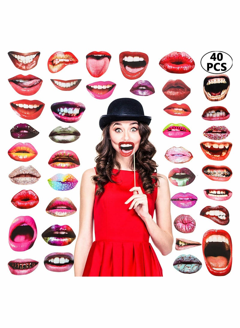 Excefore Party Photo Booth Props, 40PCS Funny Mouth Lips Photo Props Party Favor, Funny Mouth DIY Set with Wood Stick Adult Kids Selfie Props Accessories for Birthday Wedding New Year Graduation Party Supplies - Image 1