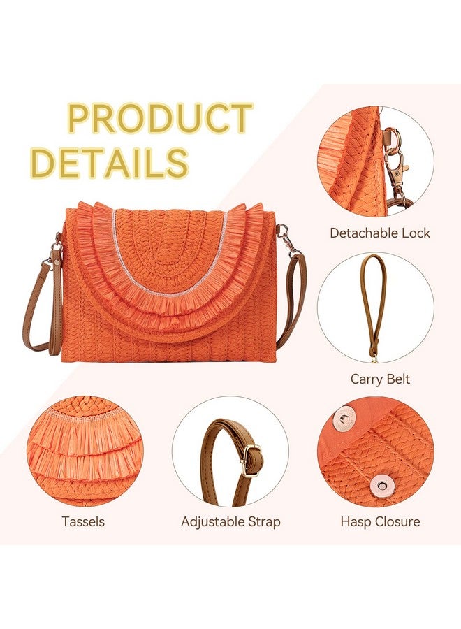Gets Straw Clutch Bags For Women Handmade Woven Summer Beach Envelope Purse Wallet Crossbody Bag With Strap (3Orange) - Image 3