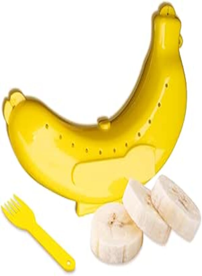 Navoys غطاء لحفظ الموز مقاس 18 سم مع شوكة - حامل موز أصفر، قابل لإعادة الاستخدام، غطاء واقٍ لحاوية الفاكهة، خالٍ من مادة BPA، مثالي للسفر، والغداء، والنزهات، والإفطار أثناء التنقل
