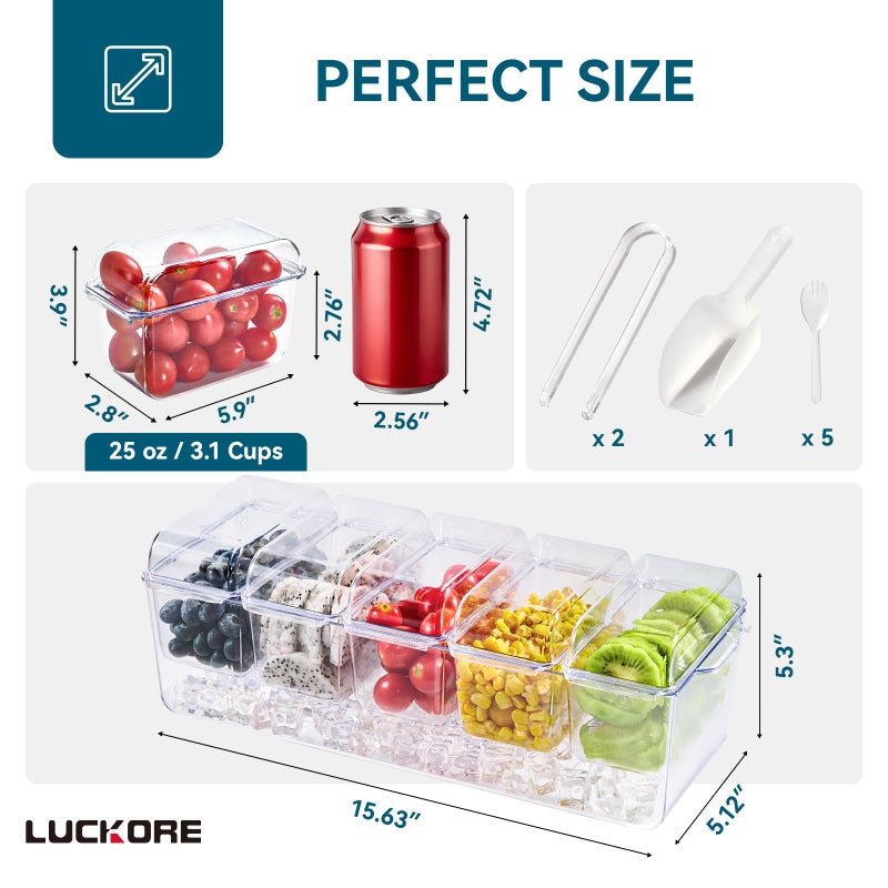 Luckore Chilled Condiment Tray Server with 5 Small Containers and Removable Compartments, Ice Chilled Condiment Organizer, Clear Garnish Serving Platter for Fruit, Salad, Food, Outdoor Events, Picnics - Image 3
