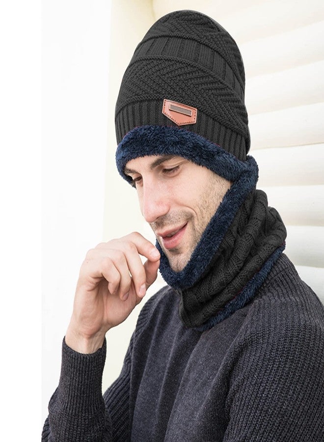 اي دي اي طقم قبعات شتوية محبوكة ووشاح من ADA®، ومدفأة للرقبة مبطنة بفرو سميك للرجال والنساء - أسود - Image 5