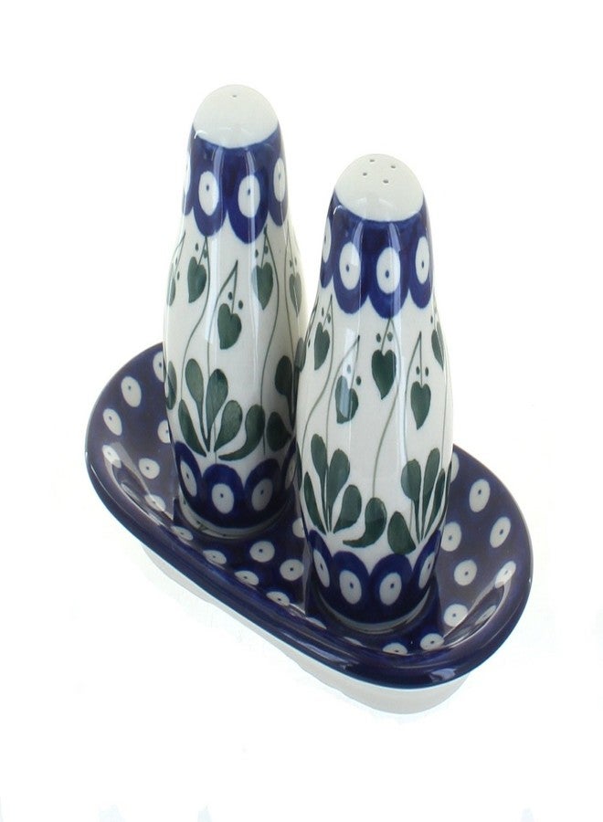 Blue Rose Pottery طقم توابل من الخزف البولندي "بلو روز" - طقم ملح وفلفل "بلو أليس" مع صينية - ارتفاع 3.5 بوصة - طقم توابل سيراميك مرسوم يدويًا للطاولة والمطبخ - Image 1