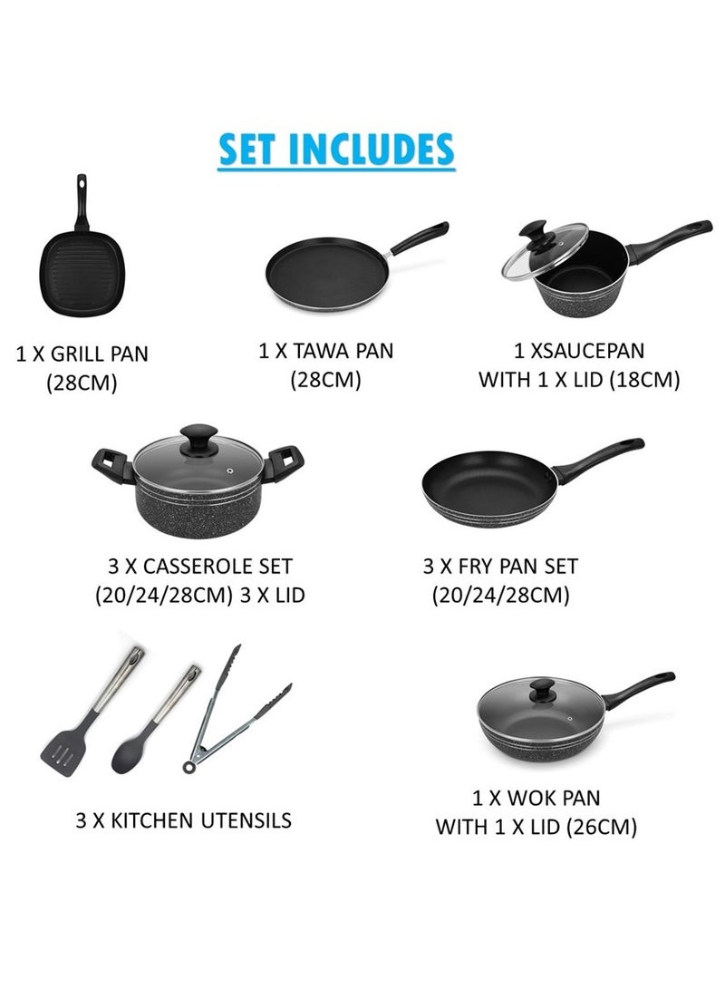 Auroware 18 Piece Non Stick Cookware Frying Pan Casserole Sauce Pan Wok Pan with Tempered Glass lid Kitchens Utensils Three Layer Coating PFOA Free - Image 2