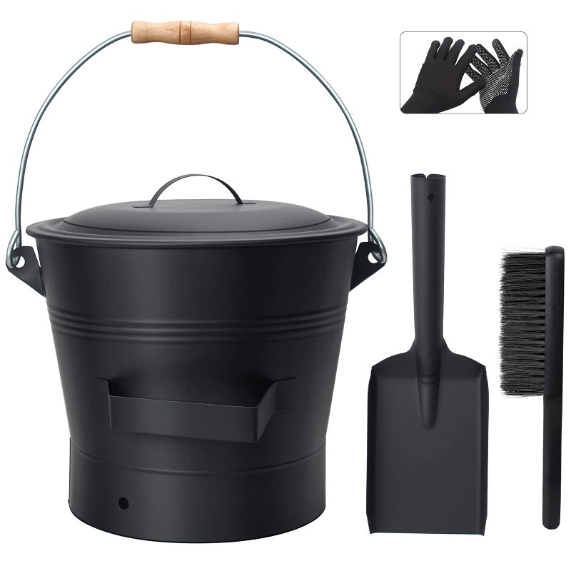 BRIAN & DANY BRIAN  DANY Ash Bucket with Lid 26 Gallon Fireplace Ash Bucket with Shovel and Hand Broom Metal Bucket for Fireplace Fire Pit Wood Burning Stove Black 