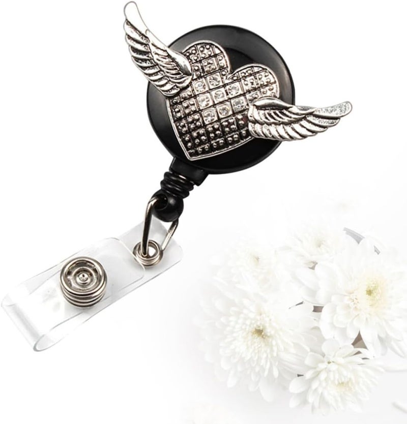 Retro Wing Shaped Round Rhinestone Id Badge Clip with Telescopic Easy Pull Buckle, Alloy and Plastic Material, Convenient for Scanning, for Office and Business Exhibition Use - Image 5
