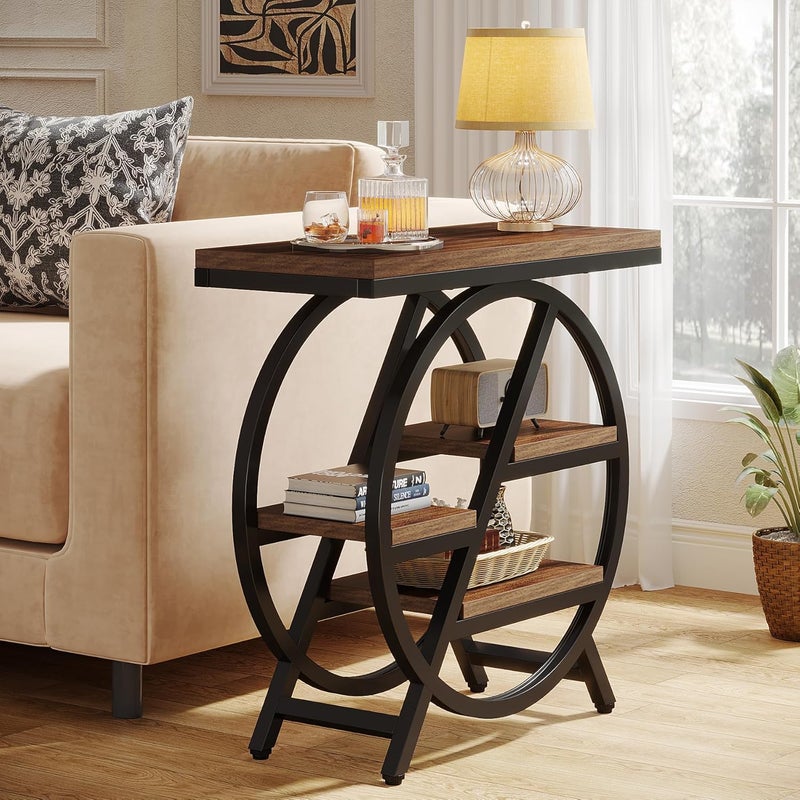Tribesigns End Table for Living Room, 3-Tier Narrow Side Table with Storage, Wood Sofa Side Table with Geometric Metal Frame, Industrial Nightstand and Bedside Table for Bedroom - Image 3
