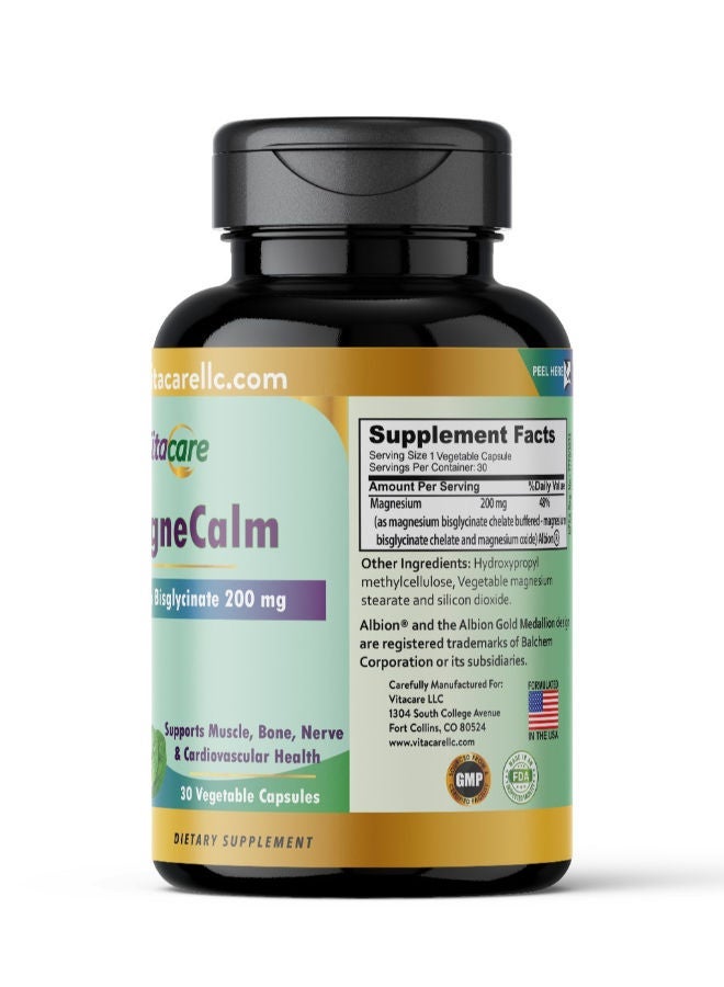 فيتا كير فيتاكير مجنيكالم 30 كبسولة نباتية مصنّع في الولايات المتحدة الأمريكية تركيبة عالية الجودة صُمّمت لدعم النوم الهادئ وتعزيز الاسترخاء الكامل للجسم. توفر 200 مجم من المغنيسيوم العنصري من Albion® Magnesium Bisglycinate Chelate والمدعّم بأكسيد المغنيسيوم داخل كبسولة نباتية سريعة الامتصاص لتحقيق أعلى توافر حيوي بدون أي اضطرابات معدية.  GMP • FDA • خالٍ من الكائنات المعدلة وراثيًا (Non-GMO) • حلال - Image 2