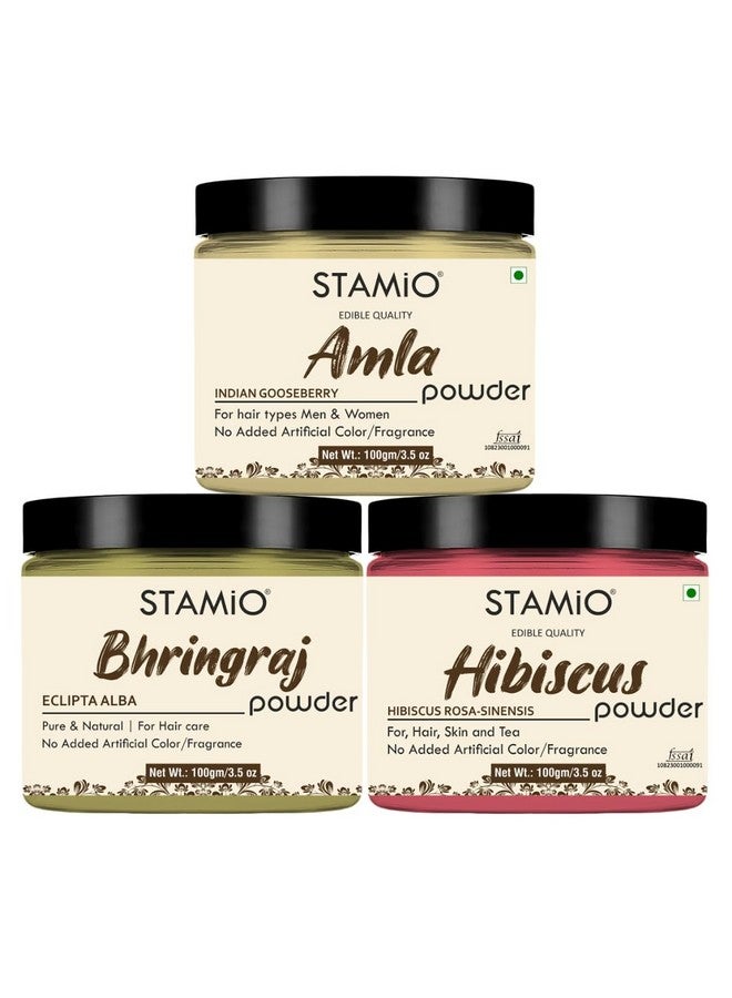 STAMIO Amla Bhringraj Hibiscus Powder 300 Gm Combo Pack For Hair Care Mask, Diy | Pure Rosa-Sinensis Gudhal Flower | Natural Indian Gooseberry | Eclipta Alba | Triple-Sifted & Microfine | In Jar 100Gm X 3 - Image 1