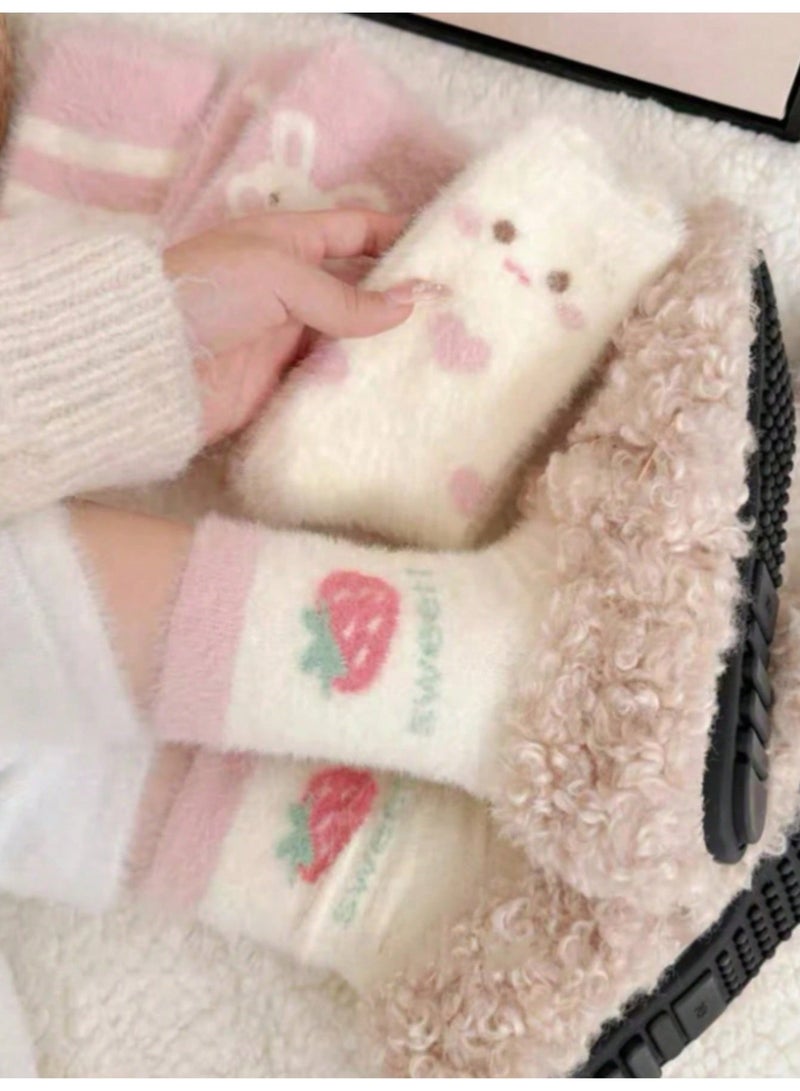 Socks for Ladies 4 Pairs Fuzzy Plush Warm Winter Crew Socks, Cute Cartoon Strawberry Pattern, Soft Cozy Women Socks for Autumn and Winter, Pink and White, Size 39-42 - Image 4