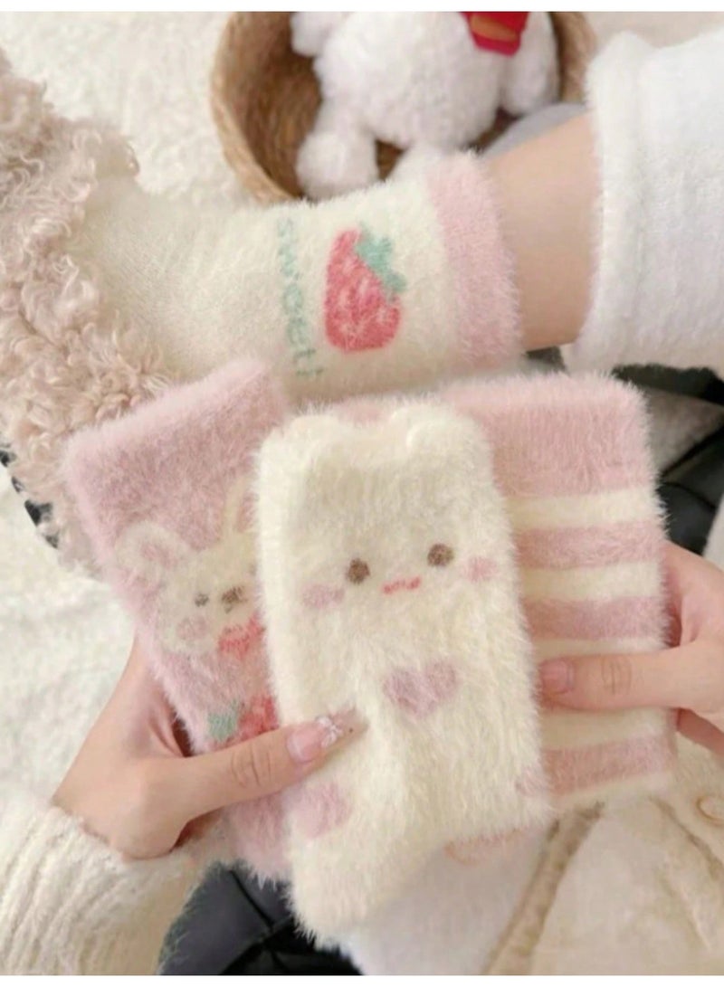 Socks for Ladies 4 Pairs Fuzzy Plush Warm Winter Crew Socks, Cute Cartoon Strawberry Pattern, Soft Cozy Women Socks for Autumn and Winter, Pink and White, Size 39-42 - Image 2