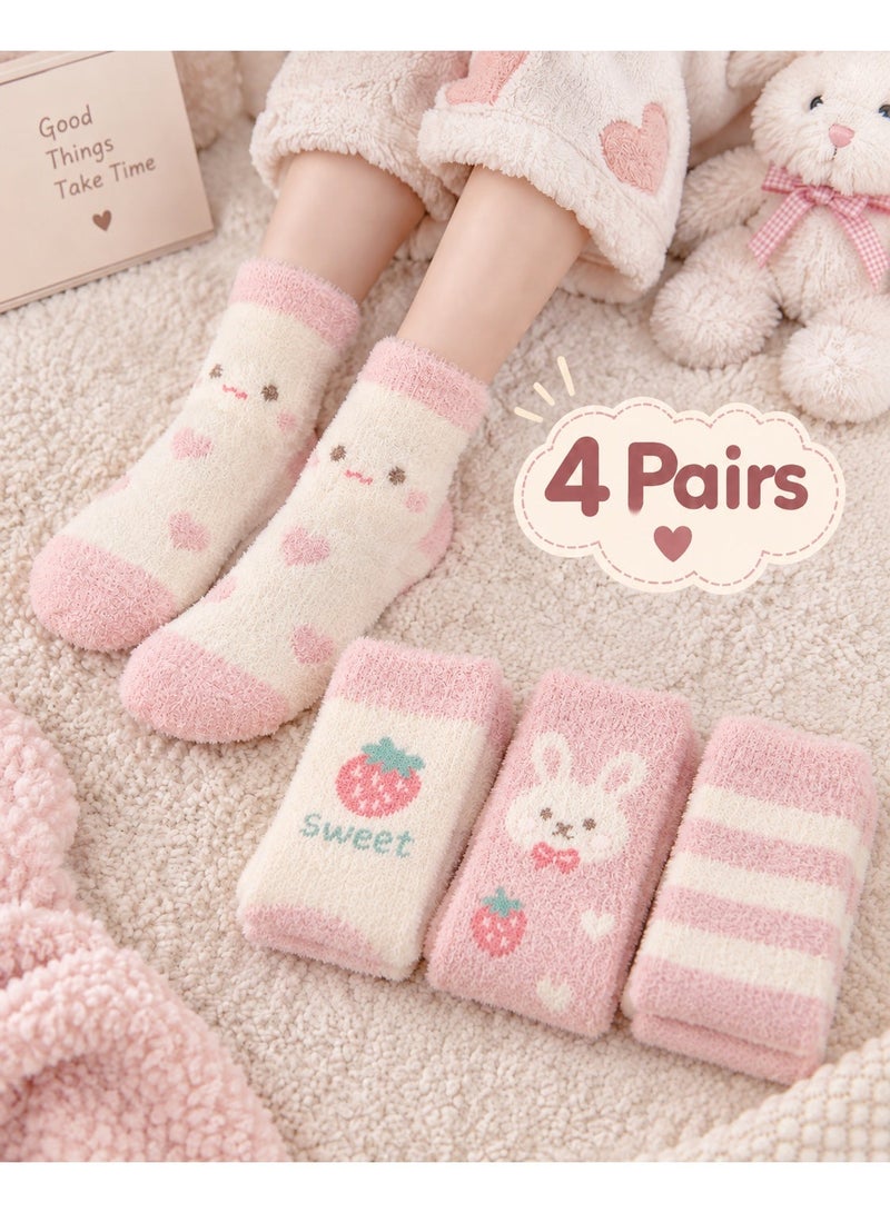 Socks for Ladies 4 Pairs Fuzzy Plush Warm Winter Crew Socks, Cute Cartoon Strawberry Pattern, Soft Cozy Women Socks for Autumn and Winter, Pink and White, Size 39-42 - Image 1
