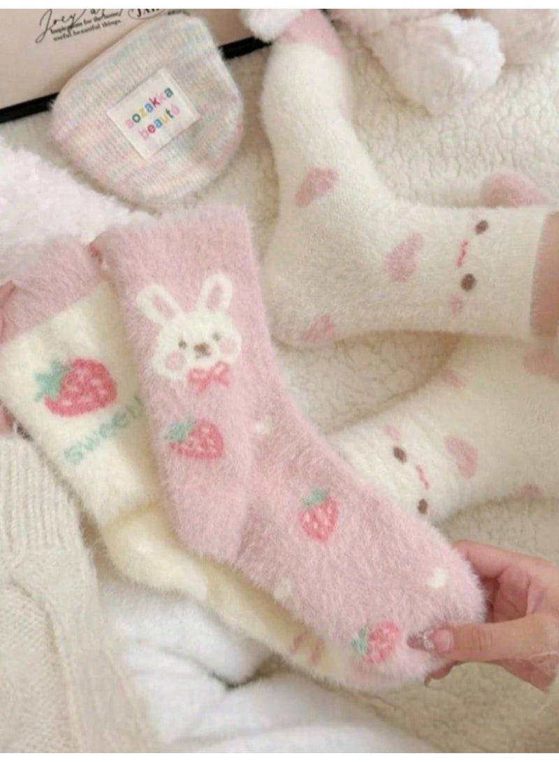 Socks for Ladies 4 Pairs Fuzzy Plush Warm Winter Crew Socks, Cute Cartoon Strawberry Pattern, Soft Cozy Women Socks for Autumn and Winter, Pink and White, Size 39-42 - Image 3