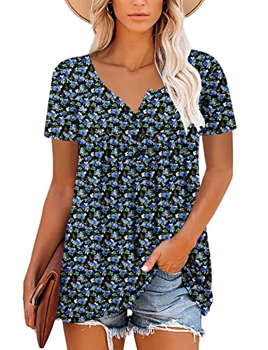 ROSELINLIN Summer Tops for Women Little Blue Floral Black Short Sleeve V Neck Shirts Loose Fit XXL - Image 2