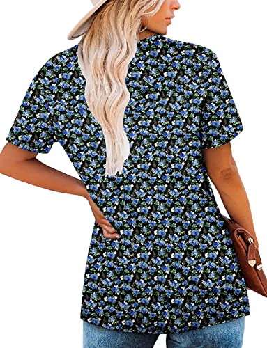 ROSELINLIN Summer Tops for Women Little Blue Floral Black Short Sleeve V Neck Shirts Loose Fit XXL - Image 4
