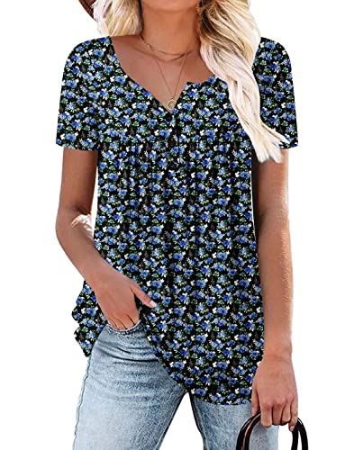 ROSELINLIN Summer Tops for Women Little Blue Floral Black Short Sleeve V Neck Shirts Loose Fit XXL - Image 1