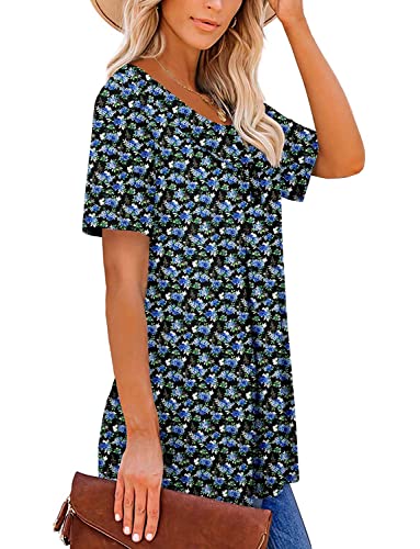 ROSELINLIN Summer Tops for Women Little Blue Floral Black Short Sleeve V Neck Shirts Loose Fit XXL - Image 3