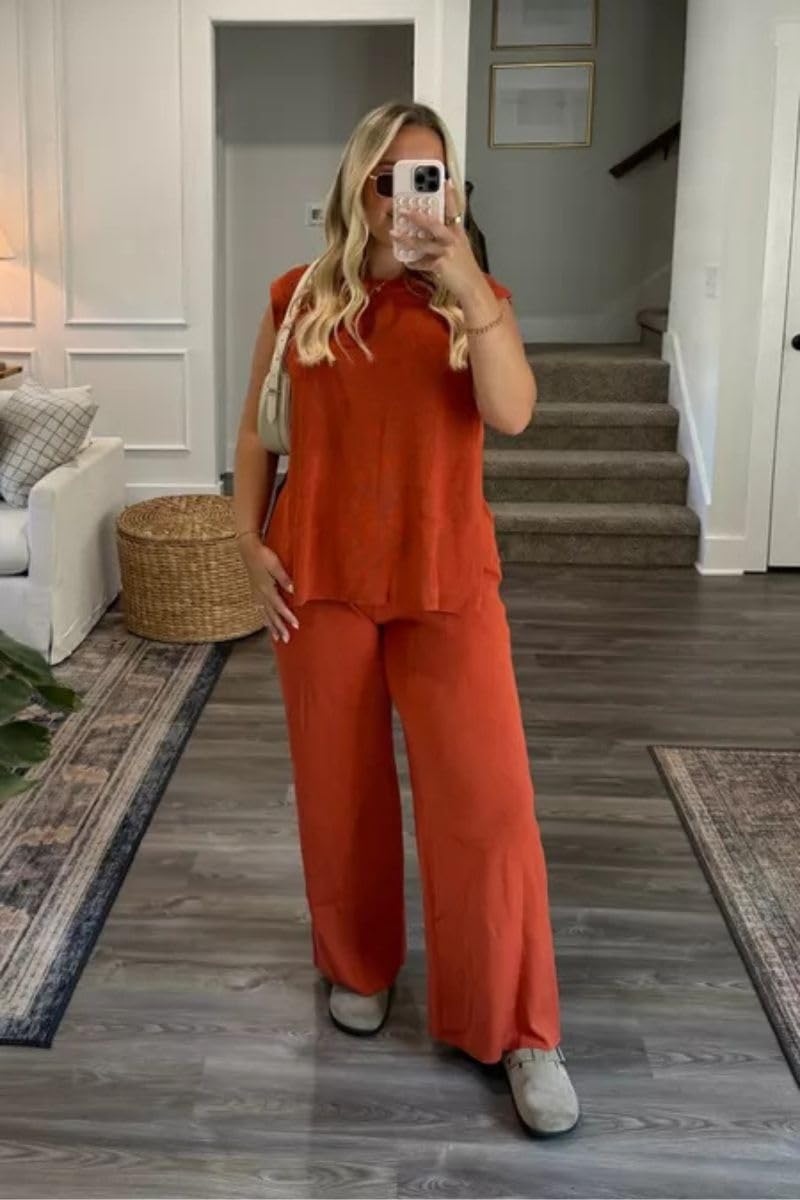 Lviefent Womens 2 Piece Outfits Sweater Set Sleeveless Side Slit Pullover Top Knit Wide Leg Pants Lounge Matching Sets (Rust-M) - Image 4