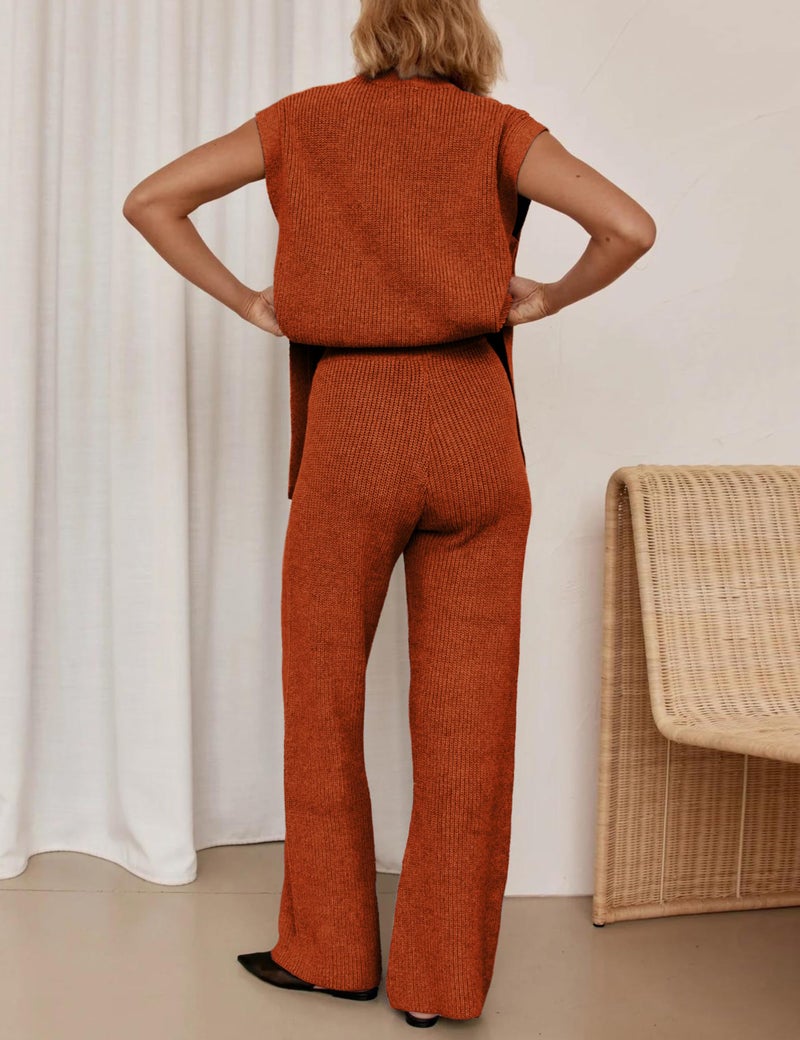 Lviefent Womens 2 Piece Outfits Sweater Set Sleeveless Side Slit Pullover Top Knit Wide Leg Pants Lounge Matching Sets (Rust-M) - Image 3