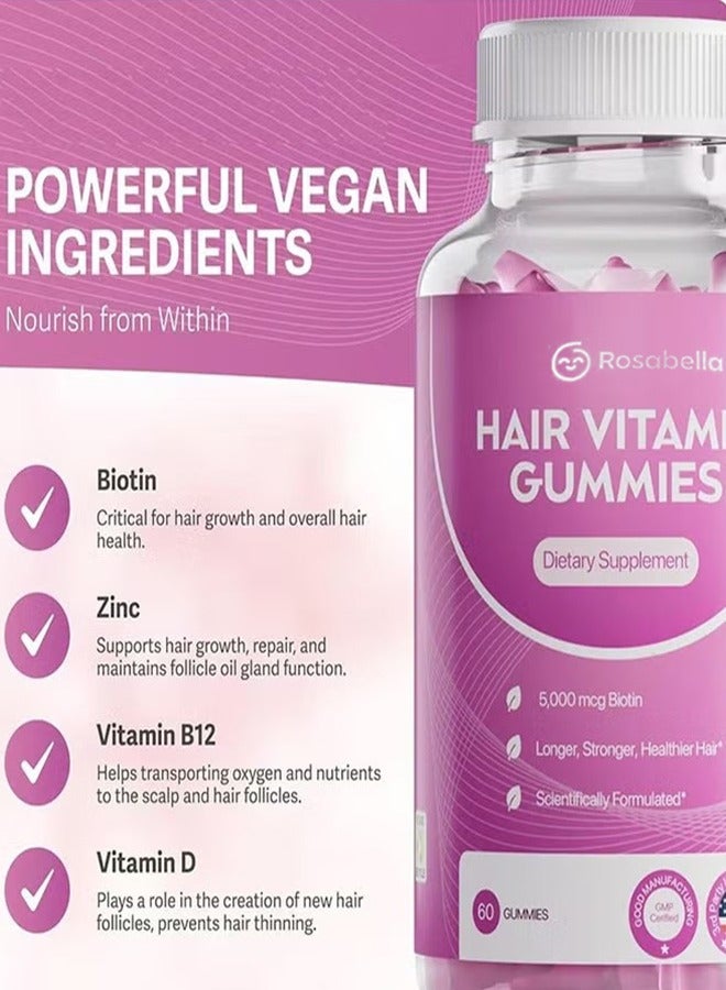 Rosabella Hair Growth Gummies for Women & Men – Vegan Hair Gummies with 5000mcg Biotin – Hair Vitamins for Strong, Healthy-Looking Hair – Gummy Biotin Supplement – 60 Count - Image 4