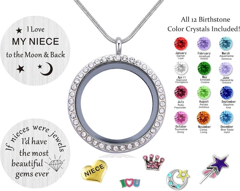 Beffy Best Gifts for Niece Aunt, Floating Living Memory Locket Necklace Pendant with Charm & Birthstone for Women - Image 2