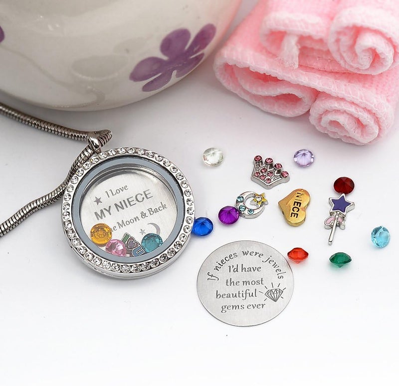 Beffy Best Gifts for Niece Aunt, Floating Living Memory Locket Necklace Pendant with Charm & Birthstone for Women - Image 4