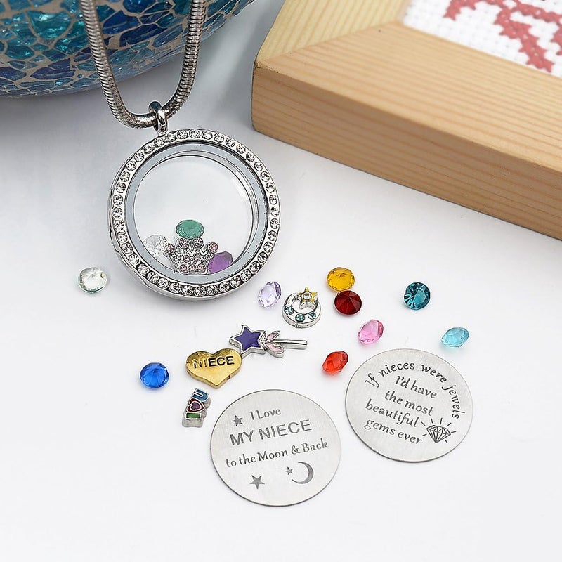 Beffy Best Gifts for Niece Aunt, Floating Living Memory Locket Necklace Pendant with Charm & Birthstone for Women - Image 3