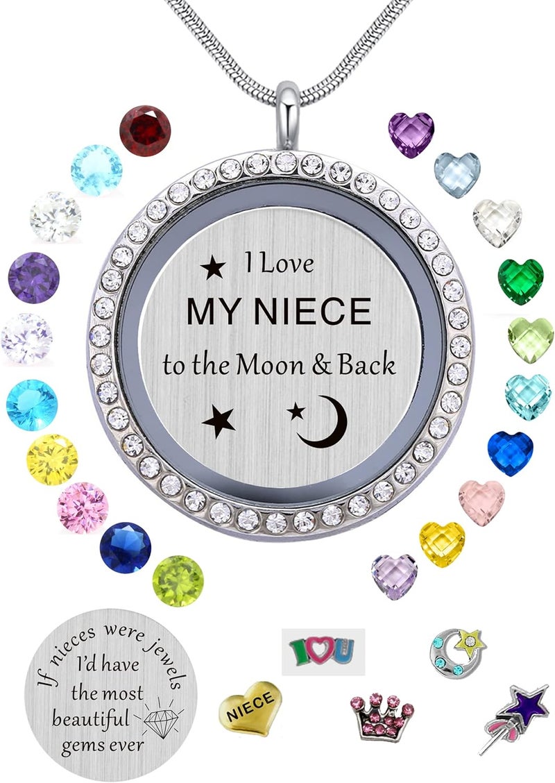 Beffy Best Gifts for Niece Aunt, Floating Living Memory Locket Necklace Pendant with Charm & Birthstone for Women - Image 1