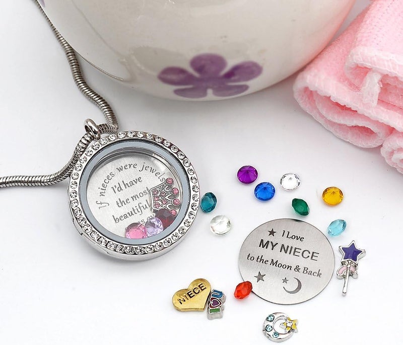 Beffy Best Gifts for Niece Aunt, Floating Living Memory Locket Necklace Pendant with Charm & Birthstone for Women - Image 5