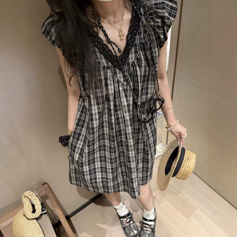 Vintage French V-Neck Lace Checkered Baby Doll Dress - Image 2