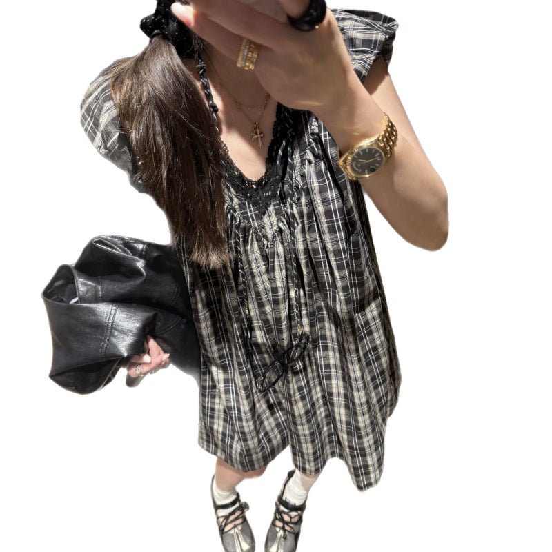 Vintage French V-Neck Lace Checkered Baby Doll Dress - Image 1