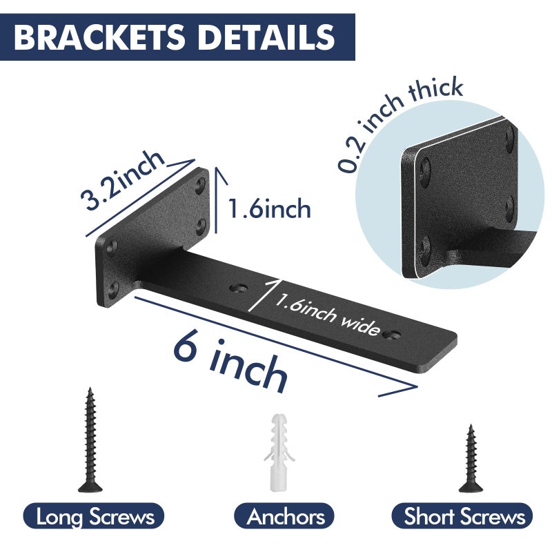 Starunder 12 Pack Floating Shelf Brackets  6 Inch Heavy Duty Industrial Shelf Bracket  Black Metal L Brackets For Shelves Support Diy(1/5 Inch Thicked) - Image 5
