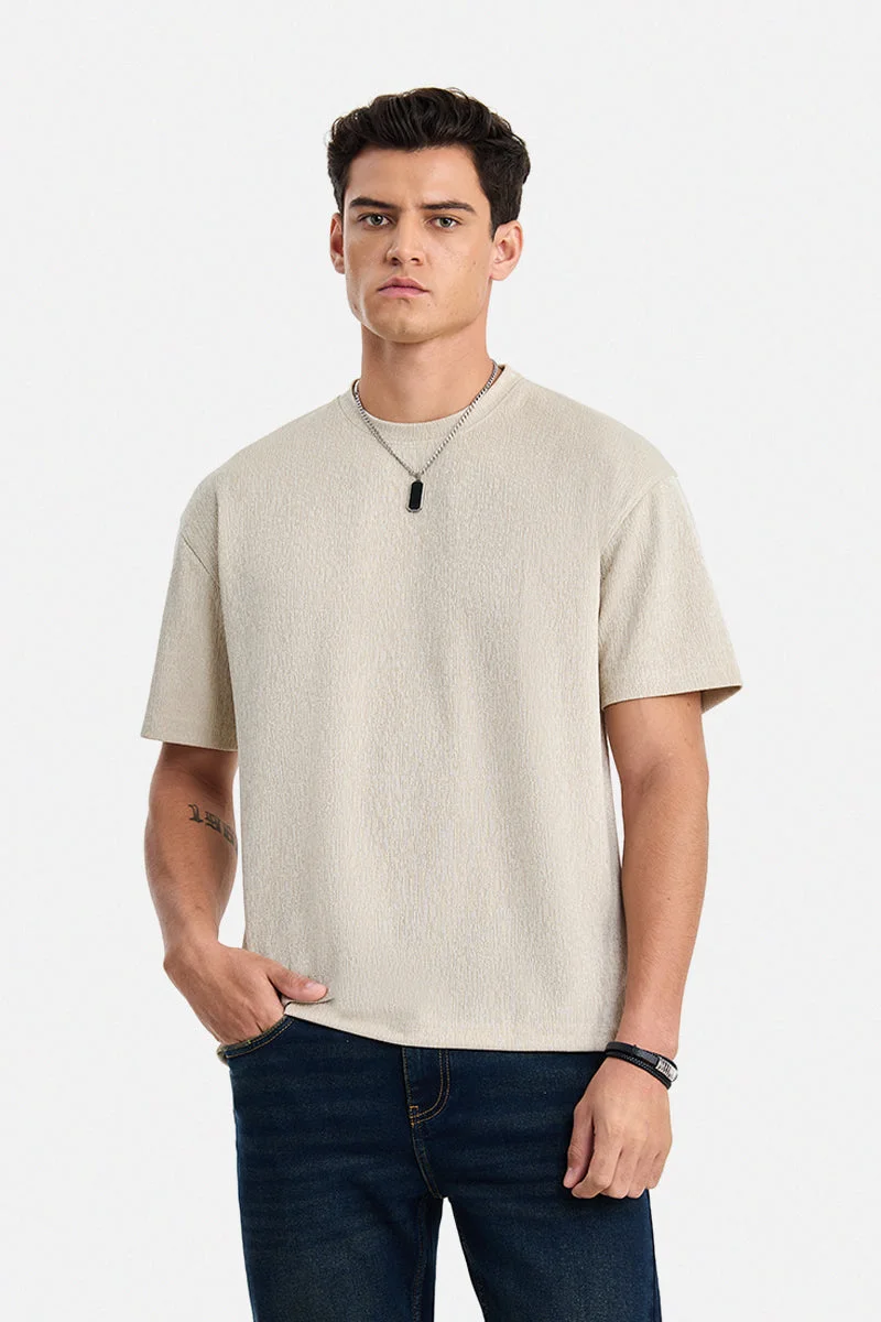 سنيتش Beige Textured Half Sleeve Oversized T-Shirt