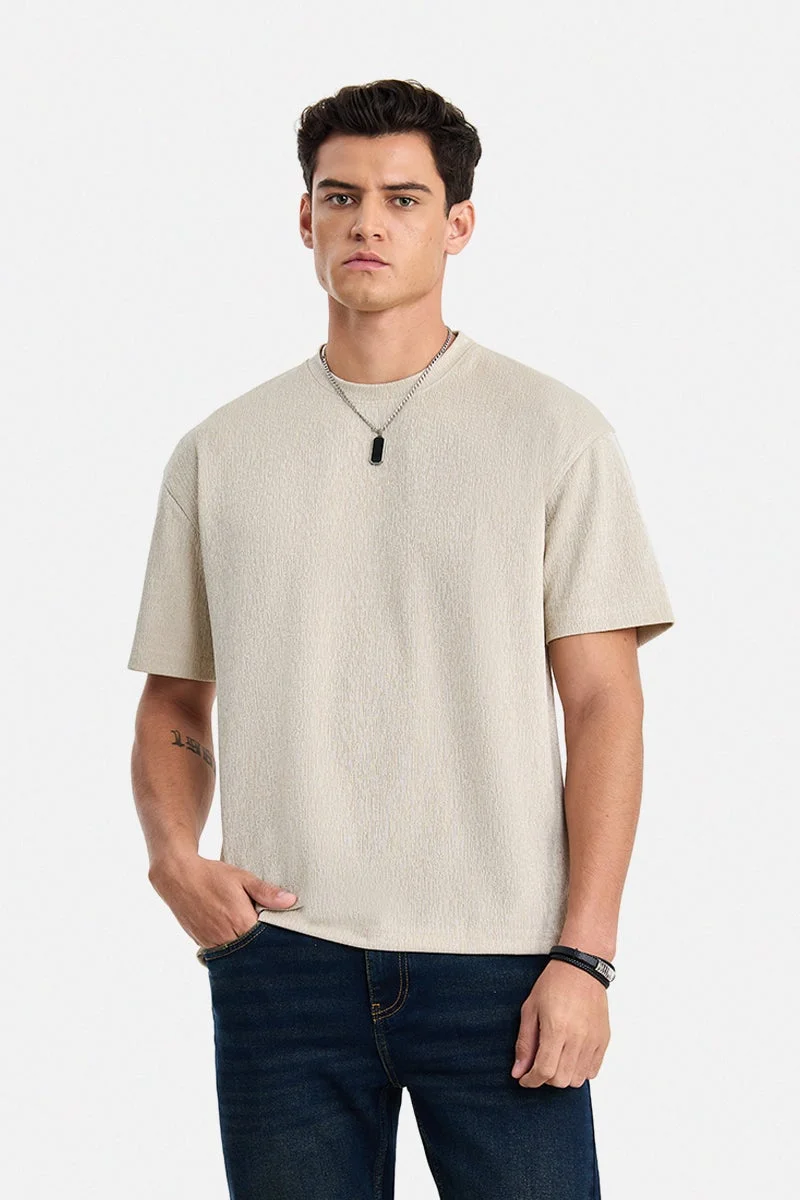 SNITCH Beige Beige Textured Half Sleeve Oversized T-Shirt for Men | Best Price UAE
