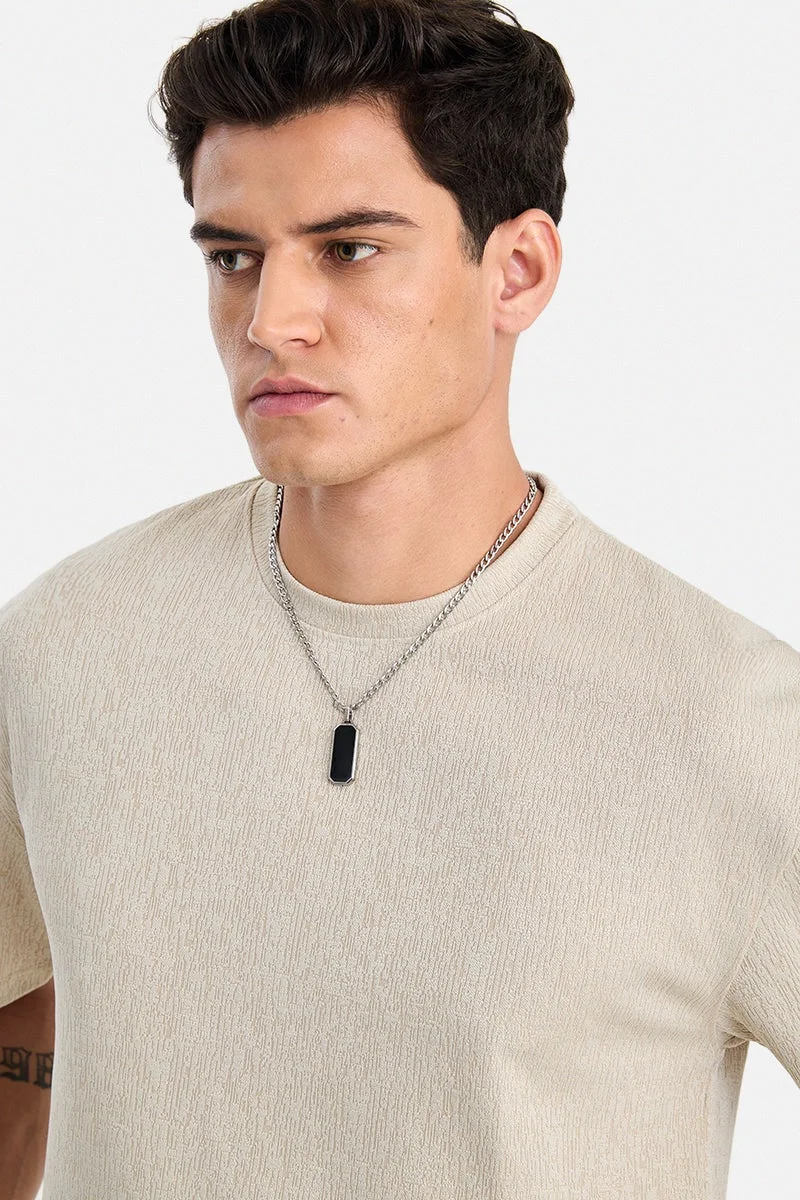 SNITCH Beige Beige Textured Half Sleeve Oversized T-Shirt for Men | Best Price UAE
