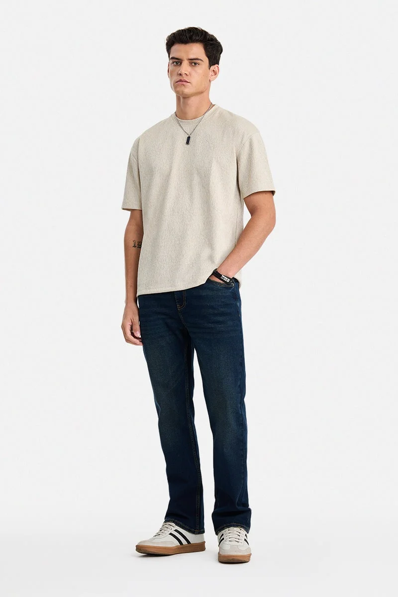 SNITCH Beige Textured Half Sleeve Oversized T-Shirt