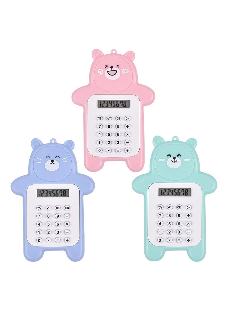 3 Packs Basic Calculator Creative 8-Digit Display Beginner Portable Cartoon Bear Style Calculator Rubber Button Pocket Size Calculator for Desktop Home Office Students Supplies - Image 1