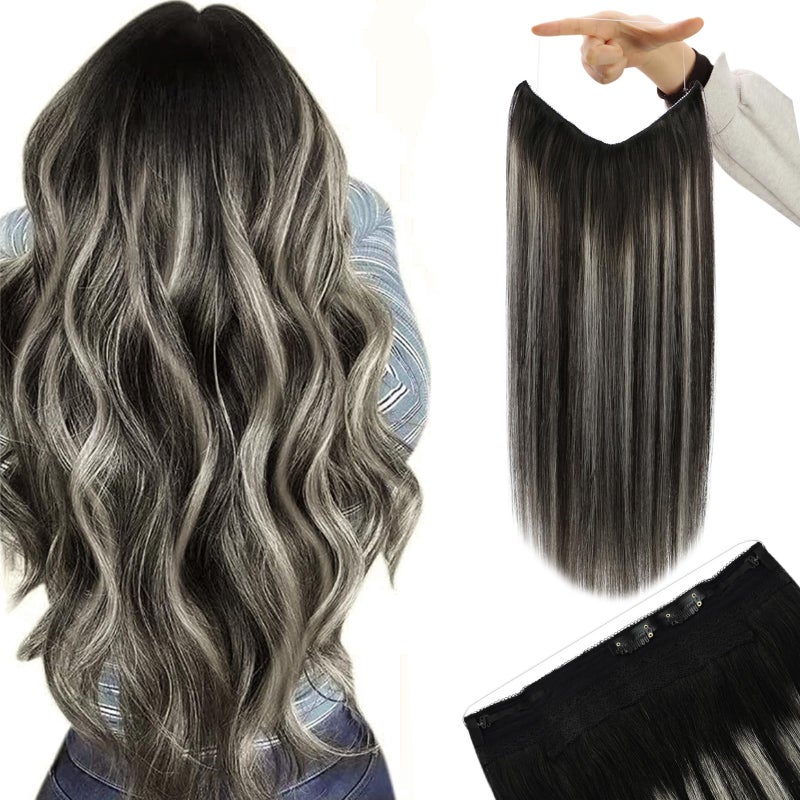 YoungSee Invisible Wire Extensions Ombre Wire Real Hair Extensions Black Ombre Silver Balayage Remy Real Hair Wire Extensions Silver Hair Extensions for Women Virtually Undetectable 16In 80G