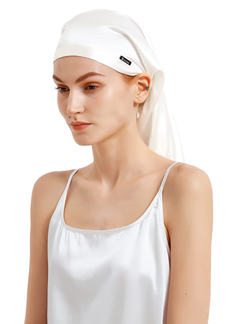 LilySilk 100% Silk Bonnet Mulberry 19 Momme Silk Sleep Cap Long for Curly Hair Night Cap for Sleeping, Silk Hair Wrap for Women Ivory - Image 1