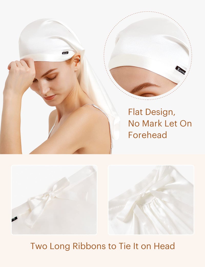 LilySilk 100% Silk Bonnet Mulberry 19 Momme Silk Sleep Cap Long for Curly Hair Night Cap for Sleeping, Silk Hair Wrap for Women Ivory - Image 4