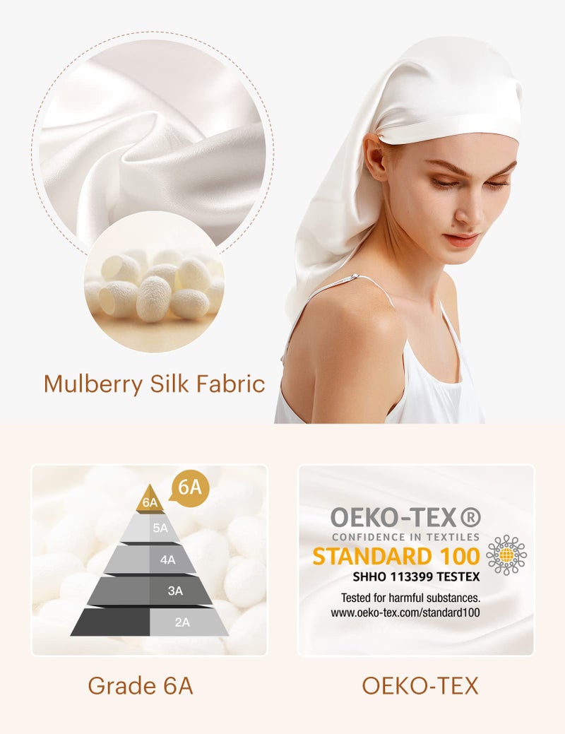 LilySilk 100% Silk Bonnet Mulberry 19 Momme Silk Sleep Cap Long for Curly Hair Night Cap for Sleeping, Silk Hair Wrap for Women Ivory - Image 5