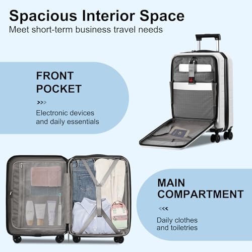 CENSIEN Carry On Luggage 22×14×9 Airline Approved, 20 Inch Lightweight ABS+PC Hard Shell Suitcases with Front Pocket, Spinner Wheels, TSA Lock (White, 1PC) - Image 3