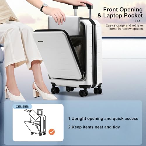 CENSIEN Carry On Luggage 22×14×9 Airline Approved, 20 Inch Lightweight ABS+PC Hard Shell Suitcases with Front Pocket, Spinner Wheels, TSA Lock (White, 1PC) - Image 2