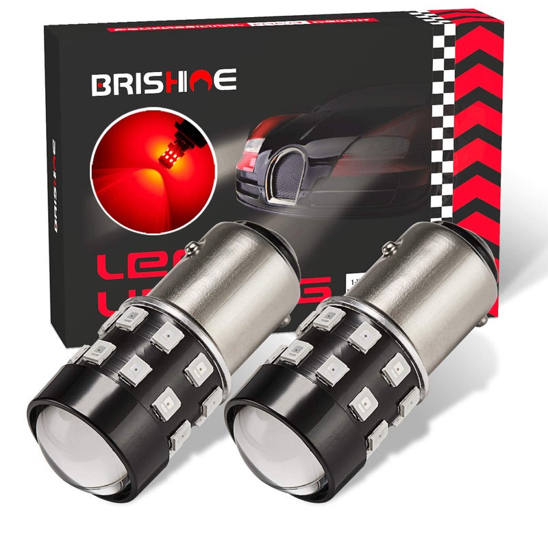 BRISHINE Super Bright 1157 2057 2357 7528 BAY15D LED Bulbs Brilliant Red 930V Nonpolarity 24SMD LED Chipsets with Projector for Brake Tail Lights Turn Signal LightsPack of 2