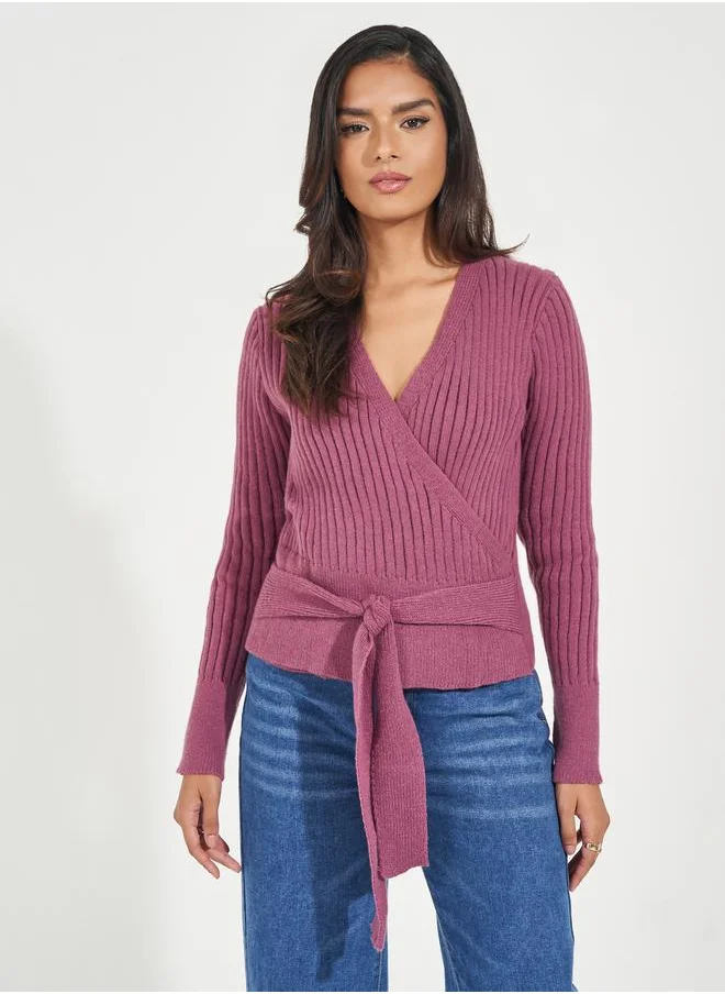 Styli Rib Knitted Mock Wrap Top with Tie Detail