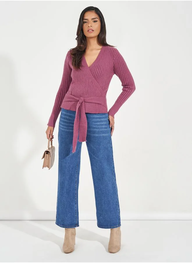 Styli Rib Knitted Mock Wrap Top with Tie Detail