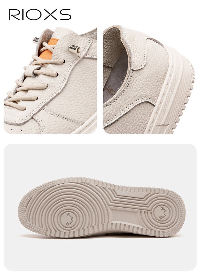 RIOXS Men's Casual Leather Sneakers, Classic Lightweight Lace-Up Walking Shoes, Fashion Breathable Anti-slip Low Top Sneakers for Sports Travel Work Daily Wear, Beige - Image 5